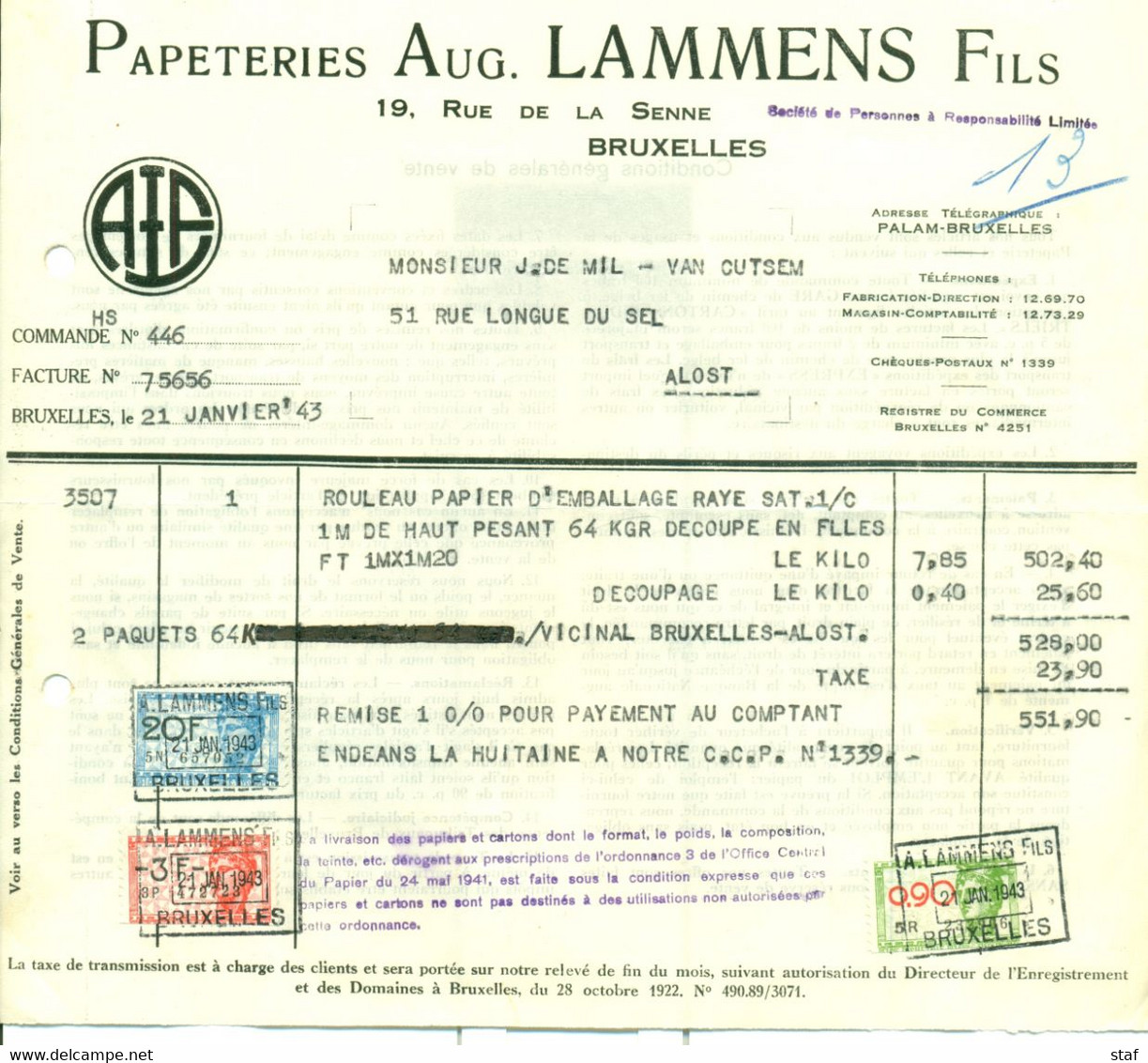 Factuur Papeteries Aug. Lammens Fils Te Brussel 1943 - Drukkerij & Papieren