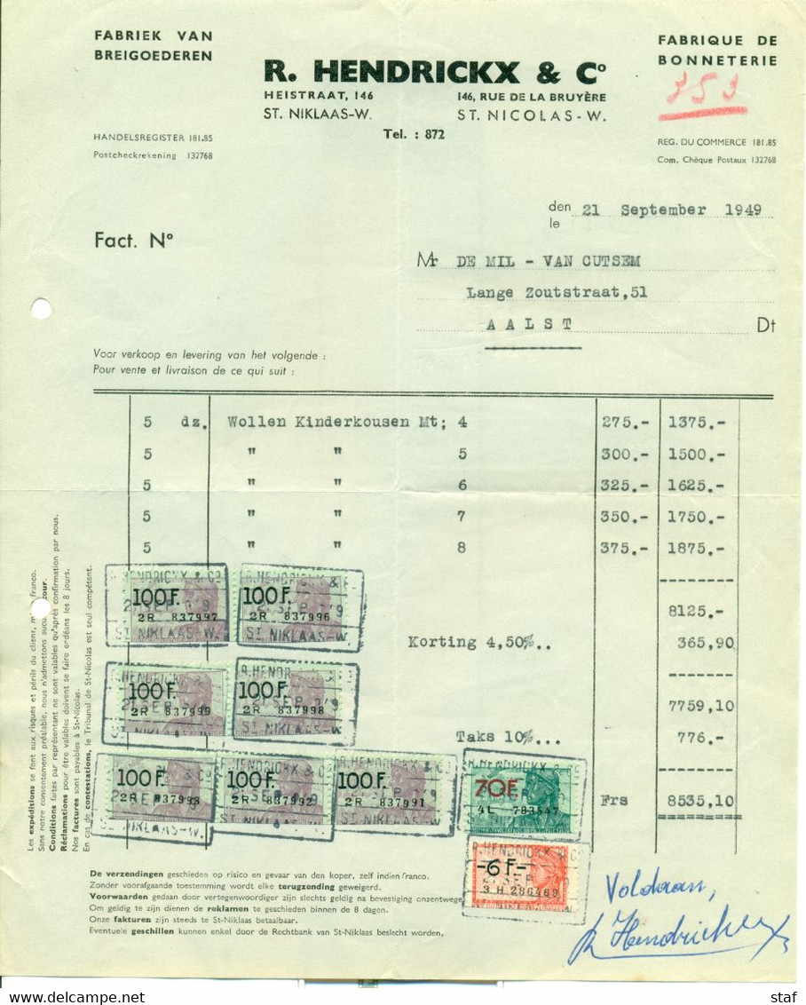 Factuur R. Hendrickx & Co Te Sint-Niklaas - Fabriek Van Breigoederen : 1949 - Kleidung & Textil