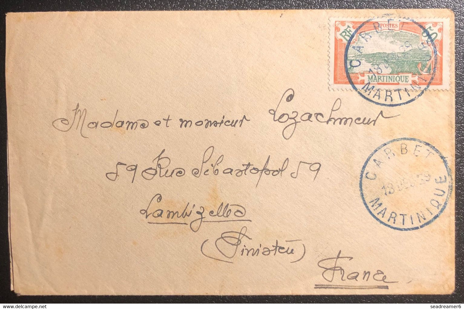 Martinique Tarif 50c Lettre Métropole 1929 N°101 Dateur Bleu De "CARBET" Bureau Très Rare !! Pour Lambizelled  SUP - Brieven En Documenten