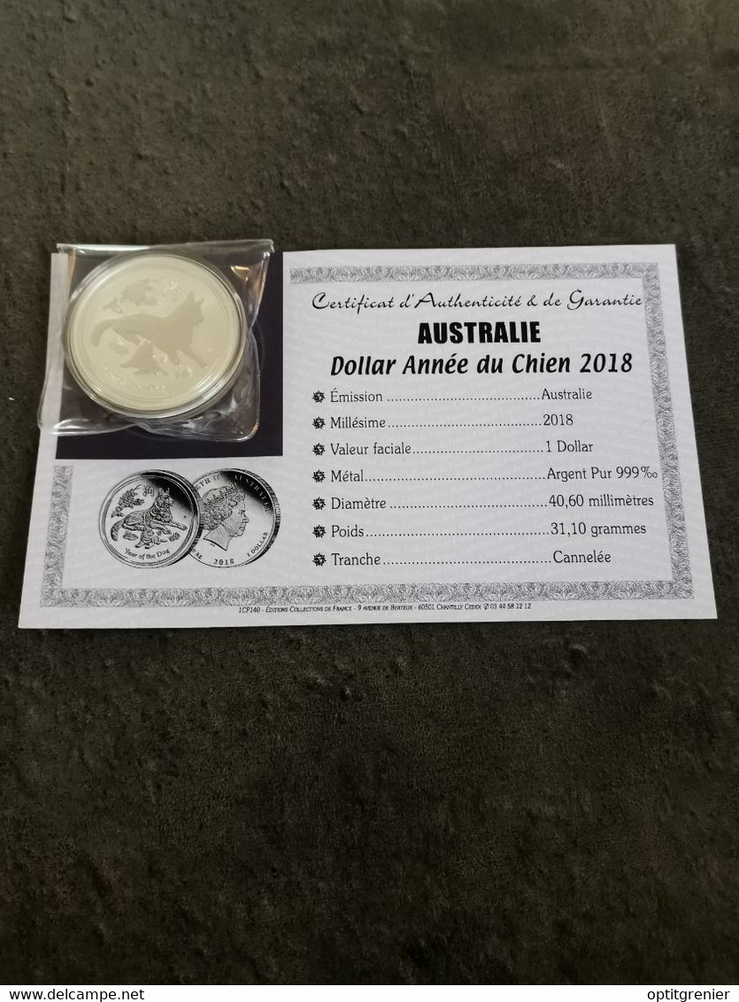 1 DOLLAR ARGENT 2018 ANNEE DU CHIEN 1 OZ  9999 AG AUSTRALIE AUSTRALIA / CERTIFICAT / SILVER - Sammlungen