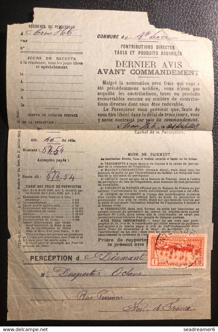 Martinique Avis Commandement Tarif à 1c !! RRR 1939 N°133 Obl De "Sainte Luce" Pour Fort De France Avec Censure RRR - Cartas & Documentos