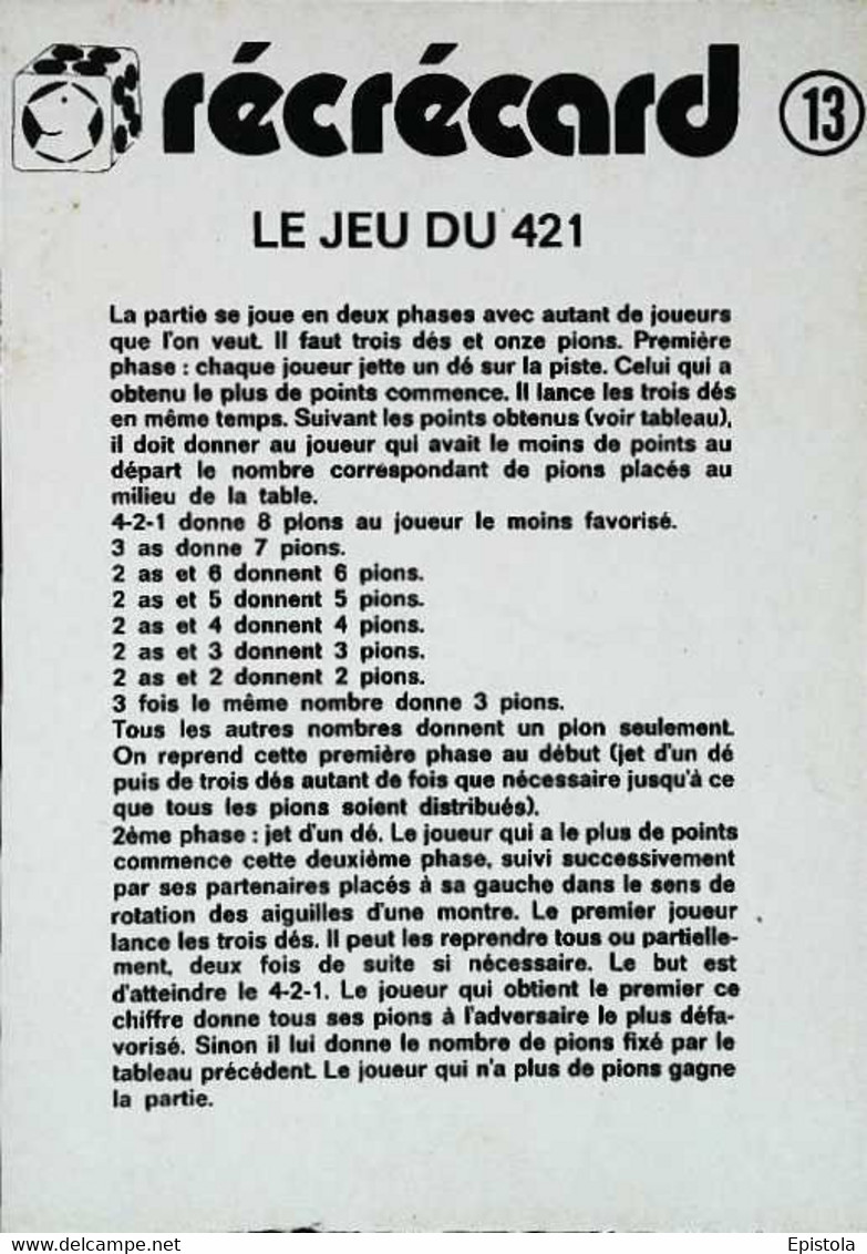 ►  Jeu De Dés French Dice Game  (JEU Du 421) FICHE Illustrée RECREACARD - Vliegtuigen