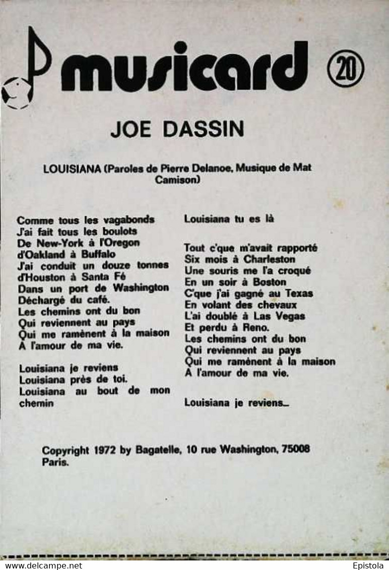 ► Joe DASSIN ( Chanson Louisiana ) FICHE Illustrée MUSICARD - Vliegtuigen