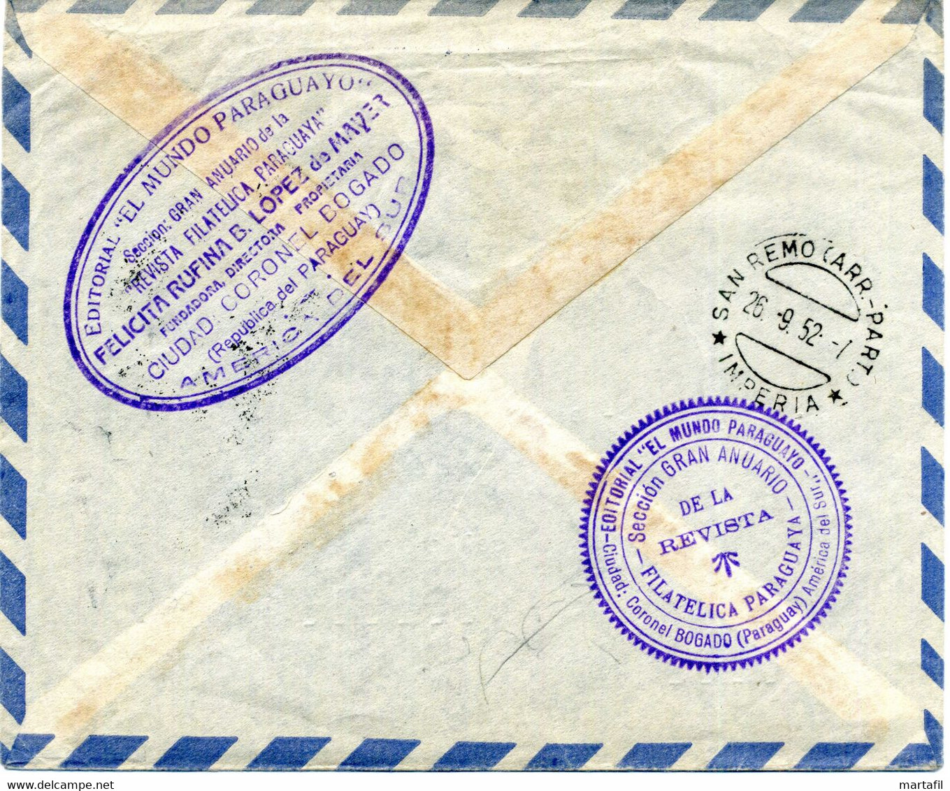 1952 Busta VIA AEREA SAN REMO Società Filatelica COSTA D'ORO / Editoral "EL MUNDO PARAGUAYO" PARAGUAY - Poste Aérienne