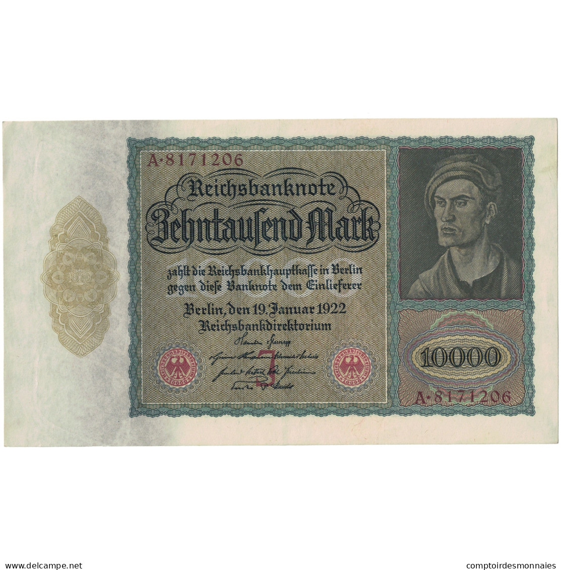 Billet, Allemagne, 10,000 Mark, 1922, 1922-01-19, KM:71, SPL - 10.000 Mark