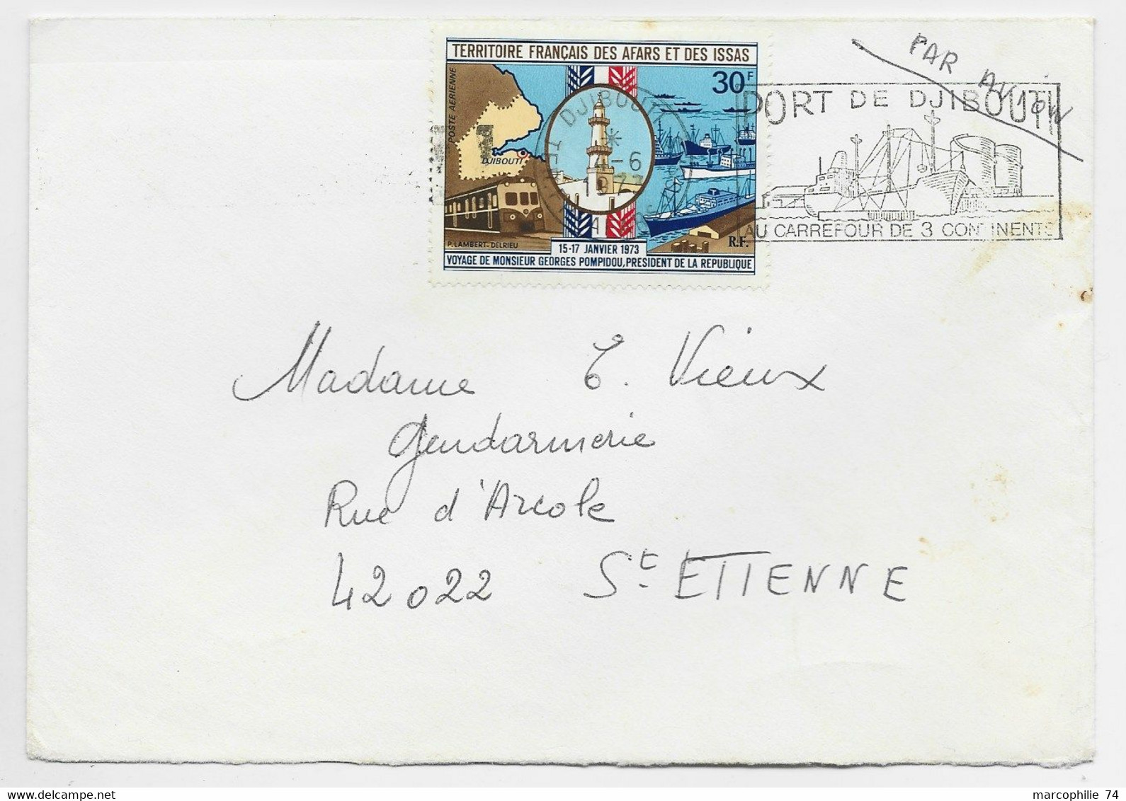 AFARS ISSAS LETTRE COVER 30FR SOLO SEUL LETTRE AVION DJIBOUTI 4.6.1973 + VERSO MENTION SP 85017 - Cartas & Documentos