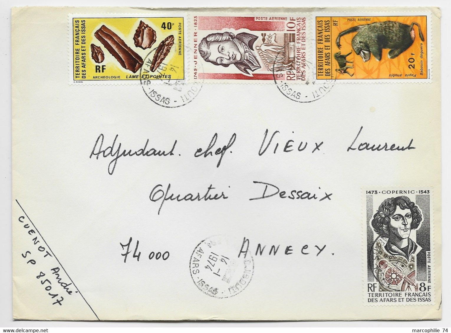 AFARS ISSAS 8FR COPERNIC  +10FR+PA 20FR+40FR LETTRE COVER DJIBOUTI 14.1.1974 - Cartas & Documentos