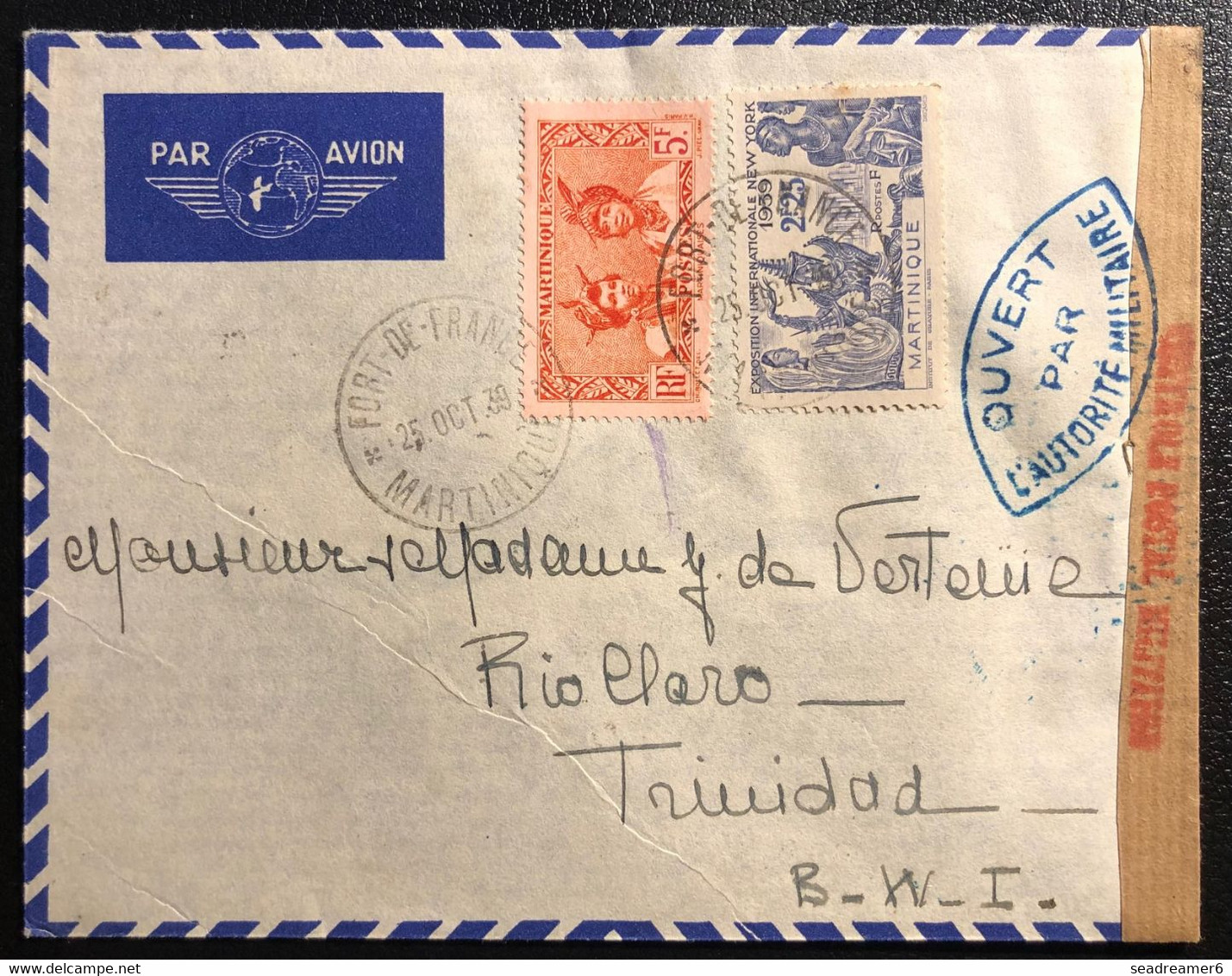 Martinique Lettre Tarif à 7FR25 1939 N°152a Type II & 169 Obl De Fort De France Pour Trinidad ! Avec Double Censure TTB - Lettres & Documents