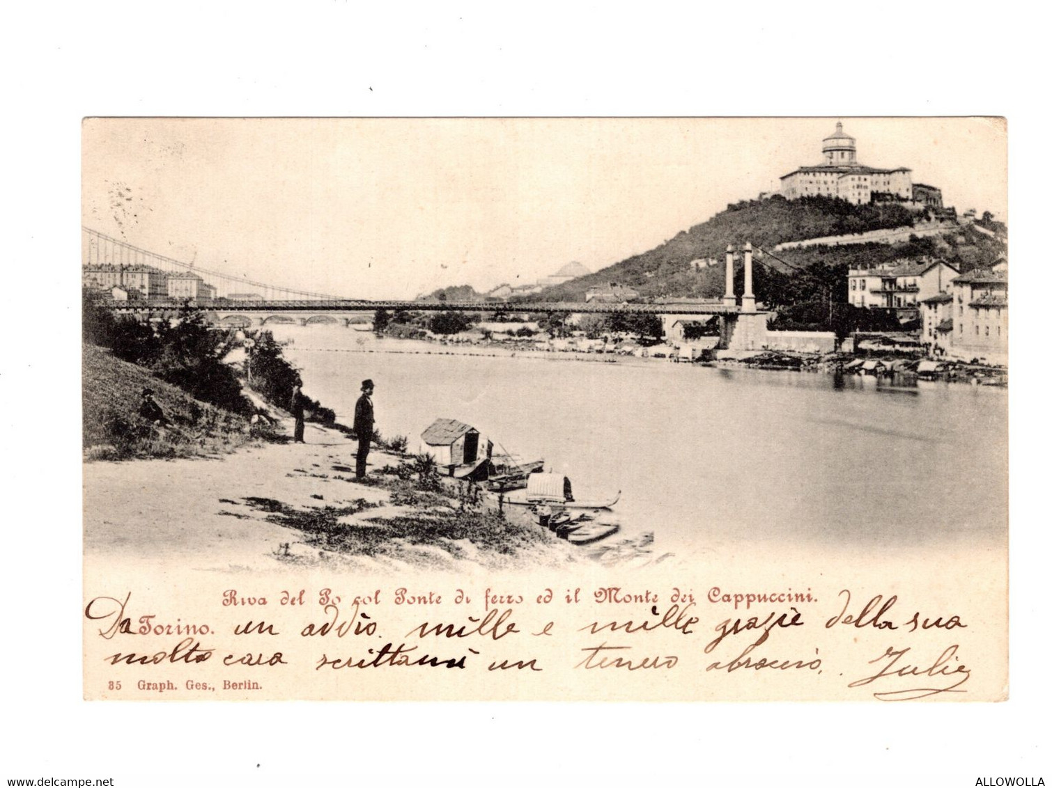 14863 " TORINO-RIVA DEL PO COL PONTE DI FERRO ED IL MONTE DEI CAPUCCINI " ANIMATA-VERA FOTO-CART. POST.SPED.1903 - Fiume Po