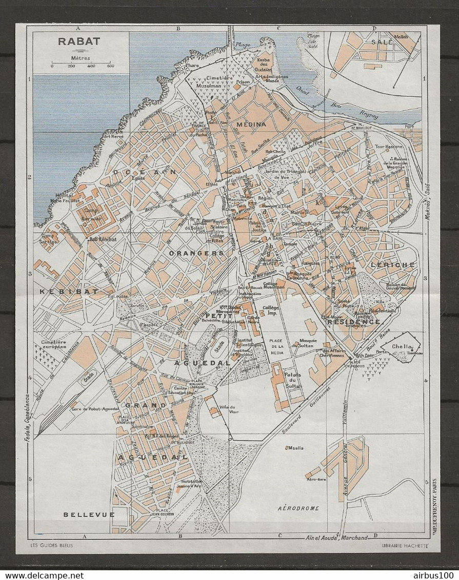 CARTE PLAN MAP 1954 MAGHREB MAROC MOROCCO - RABAT - AÉRODROME KEBIBAT ORANGERS MÉDINA OCÉAN AGUEDAL LERICHE - Cartes Topographiques