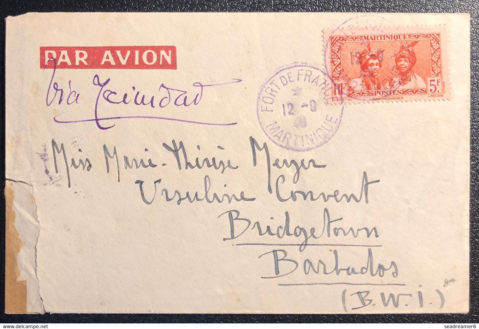 Martinique Lettre Tarif à 5FR 1940 N°152a Type II Obl Fort De France Violet Pour BARBADOS + 2 Censures TTB - Storia Postale