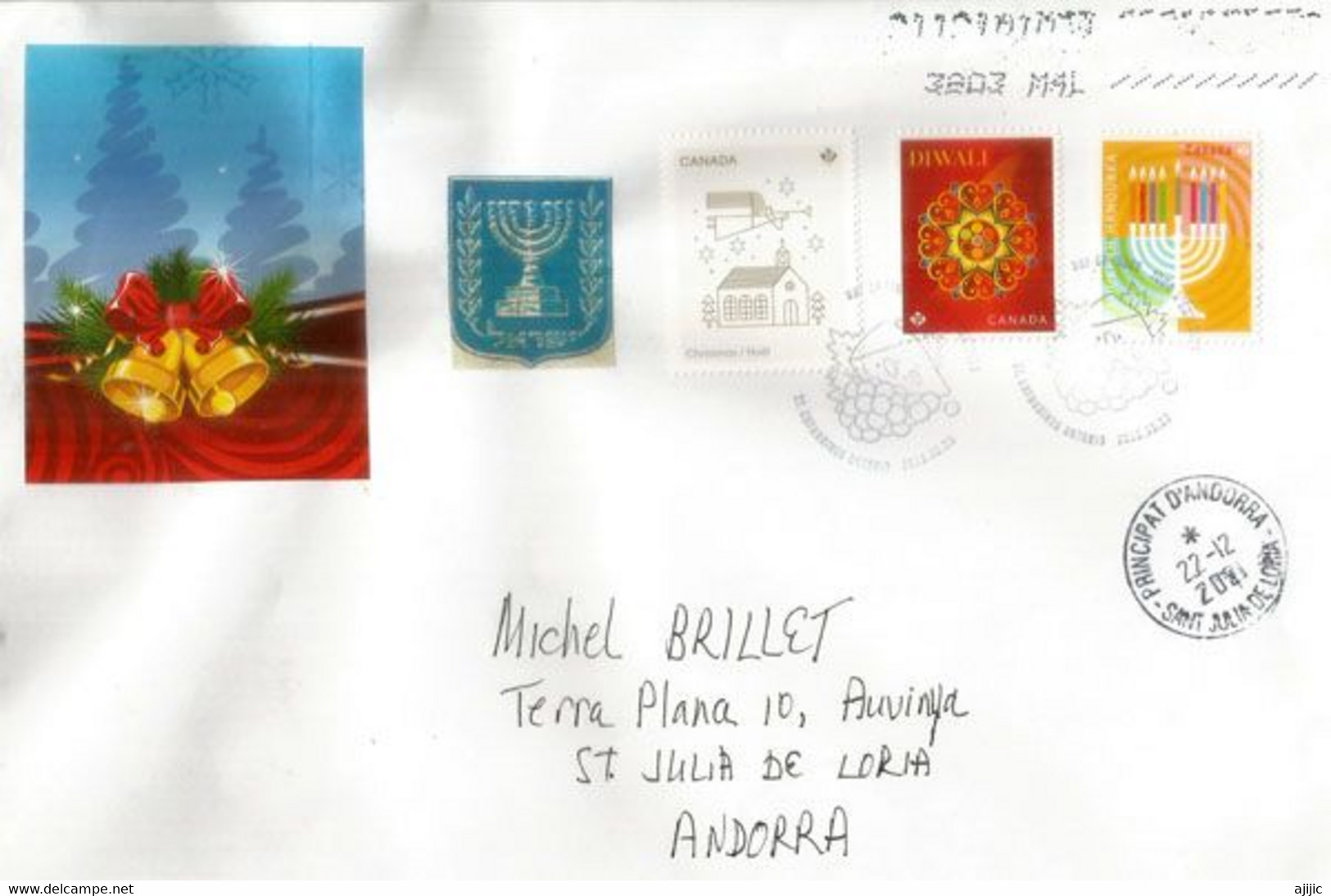 2021 CHRISTMAS / DIWALI / HANOUKKA, Letter From ONTARIO, Sent To ANDORRA (Principality) - Covers & Documents