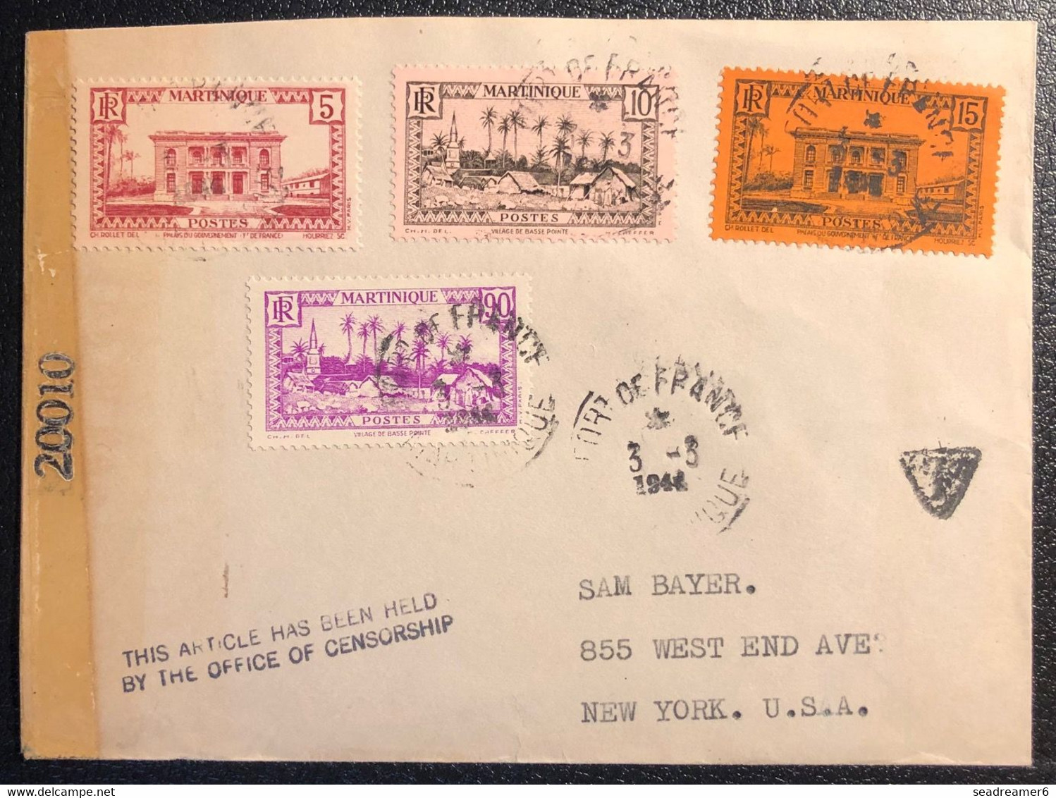 Martinique Lettre Tarif à 2FR25 1944 Obl Fort De France Violet Pour NEW YORK USA + Taxe + Censure + Griffe This Article. - Covers & Documents