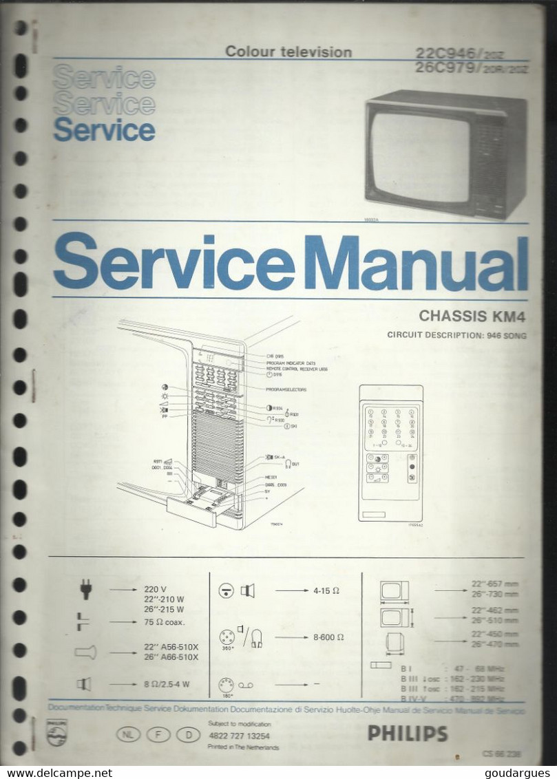 Service Manual - Colour Television Philips 22C946/20Z - 26C979 20R/20Z - Chassis KM4 - Televisión