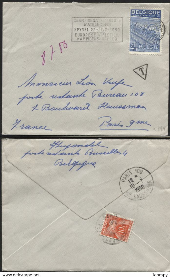 Exportation 4fr Obl. BRUXELLES S/lettre + Tx France 10fr Obl. PARIS Pour Poste Restante 1950 (x394) - 1948 Export