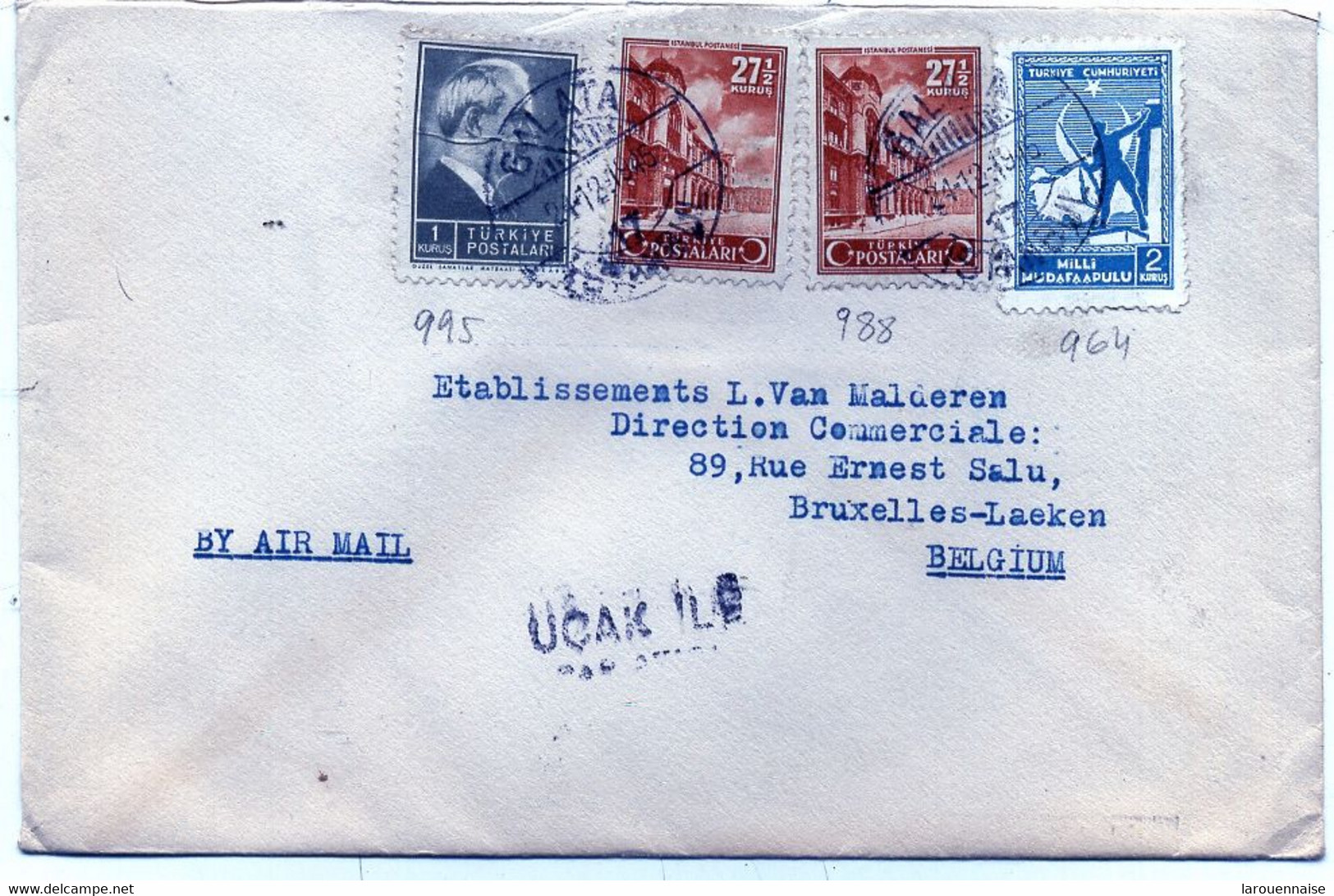 TURQUIE - N° 964 +988x 2 + 995  / LETTRE Par AVION Pour BRUXELLES (Belgique) C à D - GALATA / 21-12 -1946 - Lettres & Documents