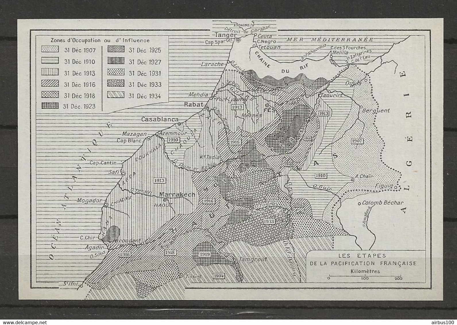 CARTE PLAN MAP 1954 MAGHREB MAROC MOROCCO - ÉTAPES DE LA PACIFICATION FRANCAISE 1907 1934 - ZONES D'OCCUPATION - Cartes Topographiques