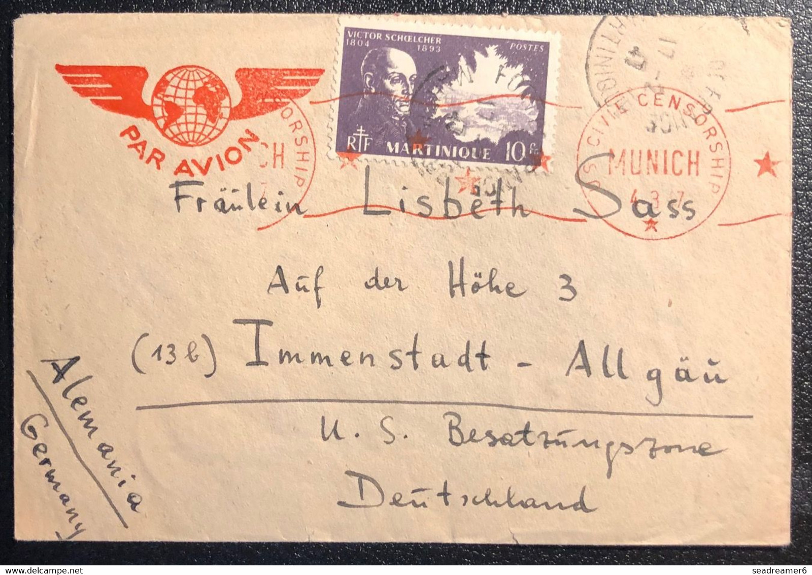 Martinique Lettre 1947 Obl N° 207, 215, 223 & PA6 Obl Fort De France Pour La Zone US En Allemagne Avec Censure US Rare ! - Lettres & Documents