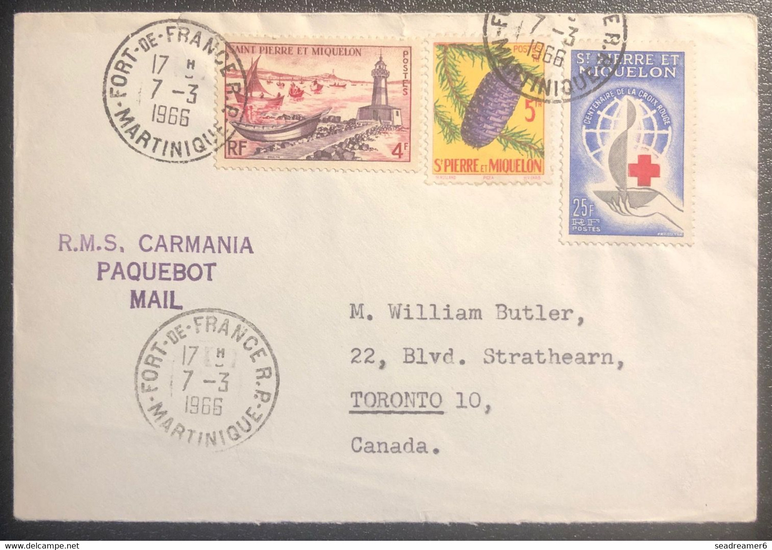 Martinique Lettre 1966 Obl Timbres De St Pierre Et Miquelon Pour Le Canada Par RMS CARMANIA Paquebot Mail Curiosité ! - Covers & Documents