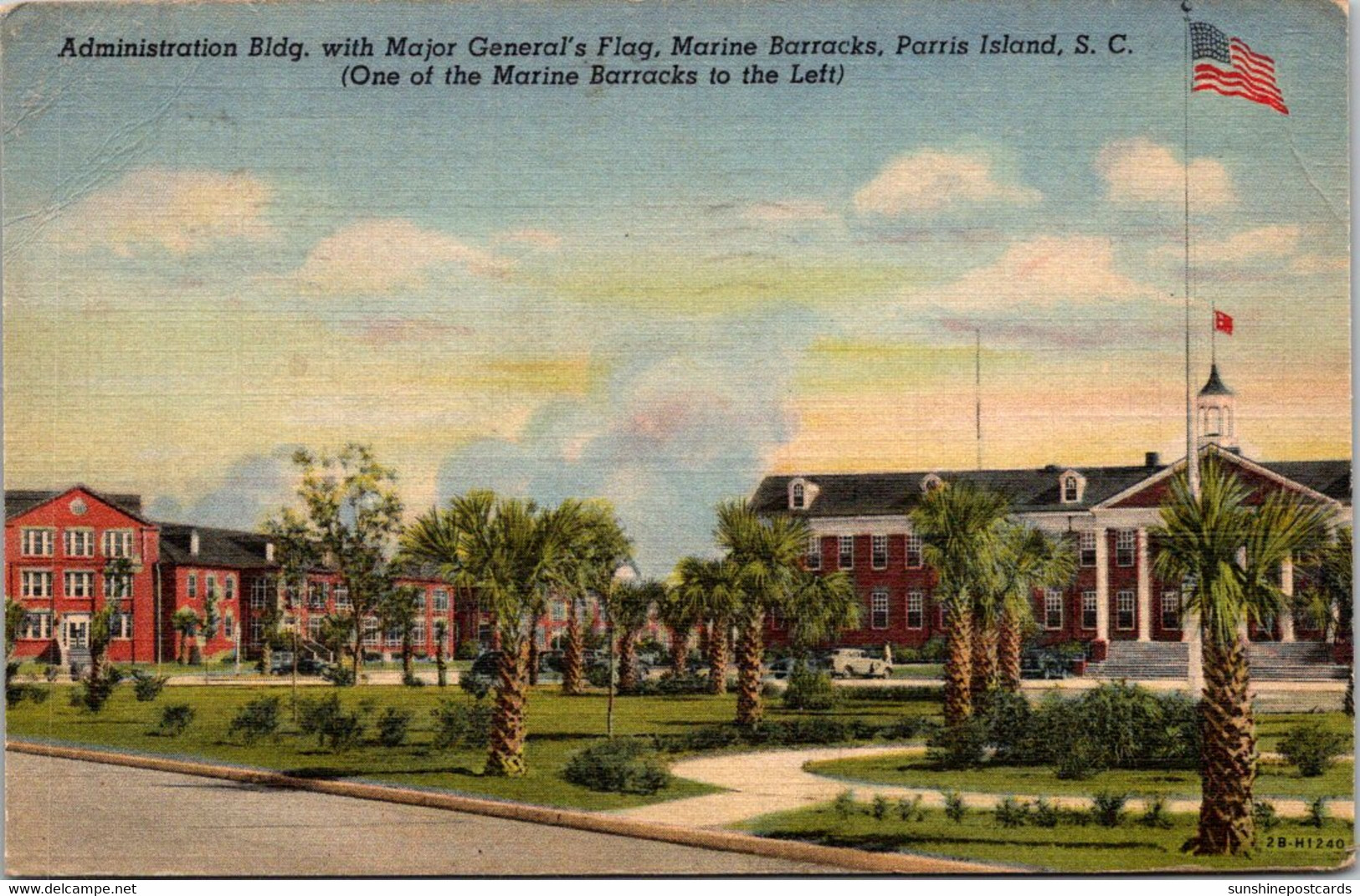 South Carolina Parris Island Adminitration Building With Major General's Flag Marine Barracks 1943 Curteich - Parris Island