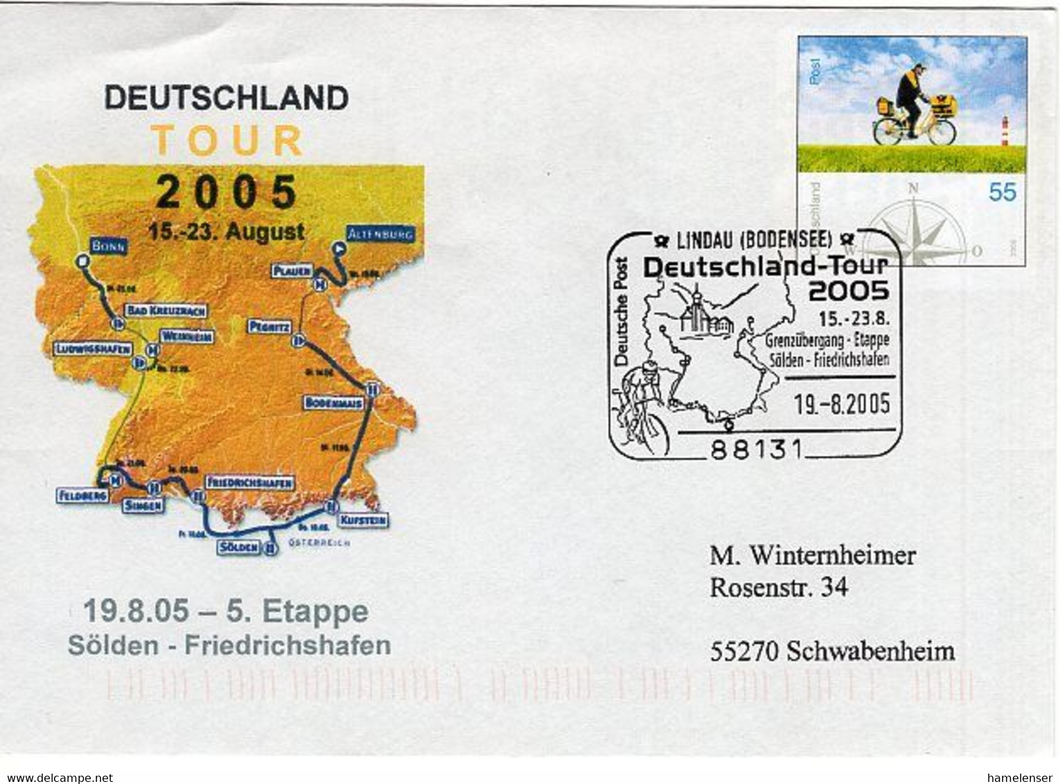 50550 - Bund - 2005 - 55c. Plusbrief "Brieftraeger" SoStpl. LINDAU - DEUTSCHLAND-TOUR 2005 -> Schwabenheim - Cyclisme