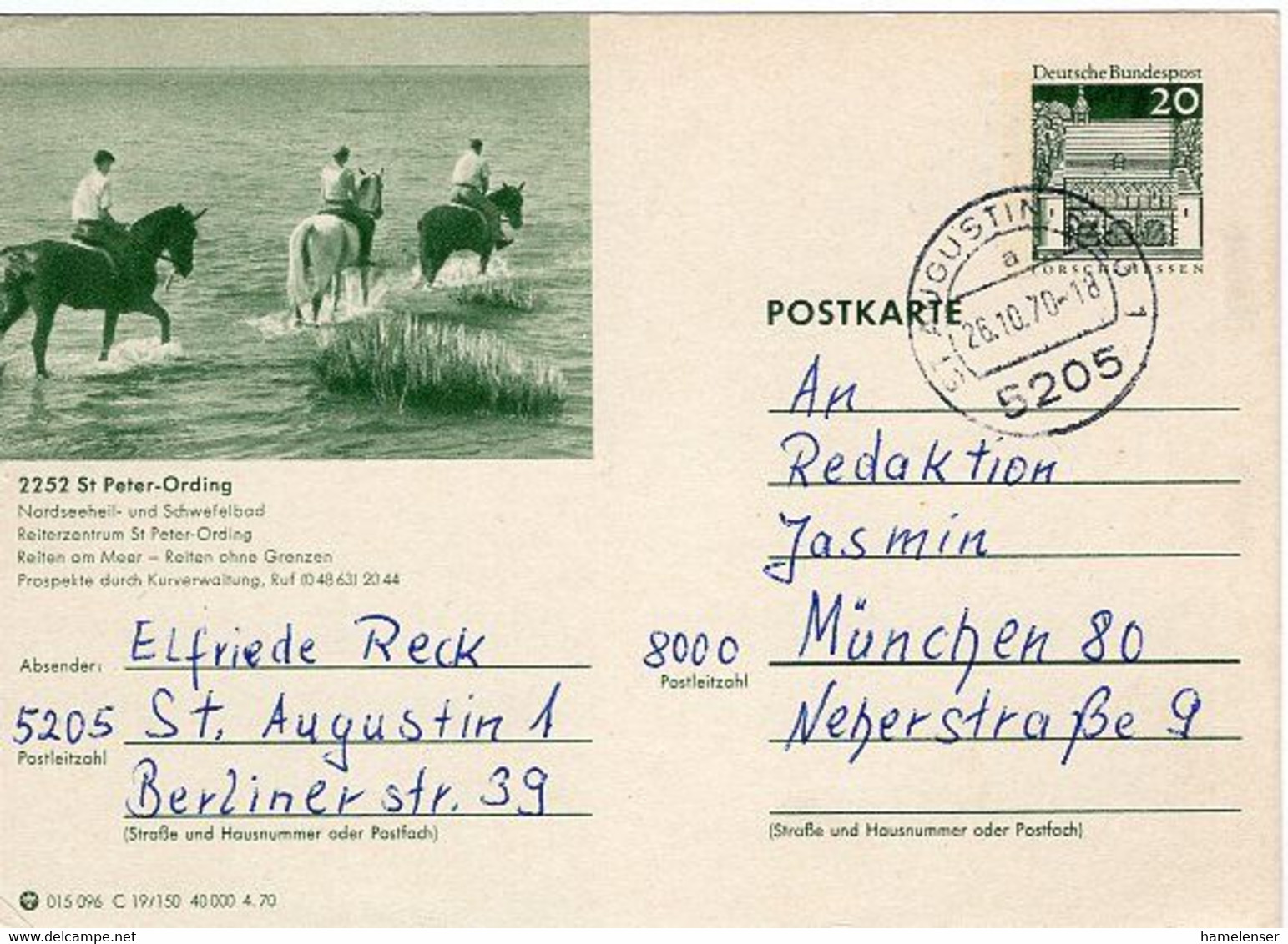 50551 - Bund - 1970 - 20Pfg. BildGAKte. Gr.Bauten "St.Peter Ording" ST. AUGUSTIN -> Muenchen - Horses