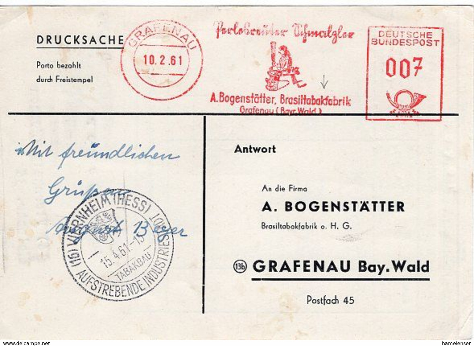 50557 - Bund - 1961 - 7Pfg. AFS A. AntwortDrucksKte. GRAFENAU - ... BRASILTABAKFABRIK ..., Von VIERNHEIM - TABAKBAU - Tobacco