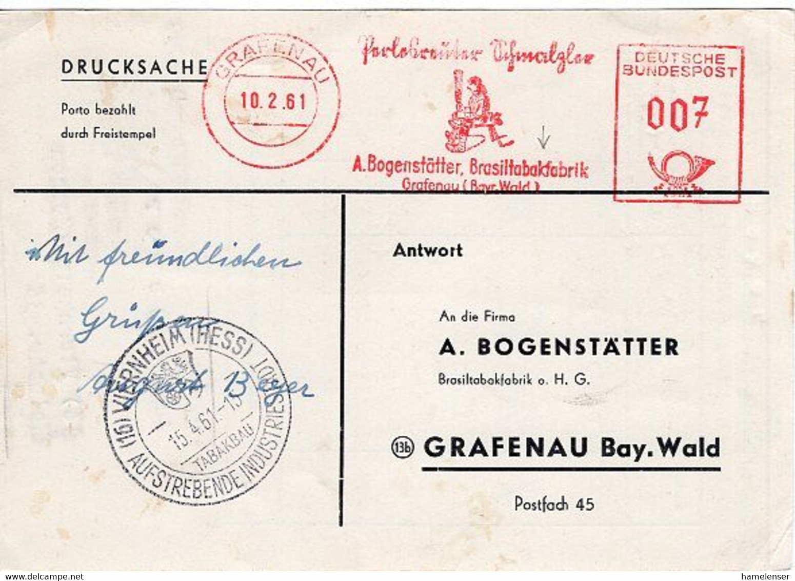 50557 - Bund - 1961 - 7Pfg. AFS A. AntwortDrucksKte. GRAFENAU - ... BRASILTABAKFABRIK ..., Von VIERNHEIM - TABAKBAU - Tabaco