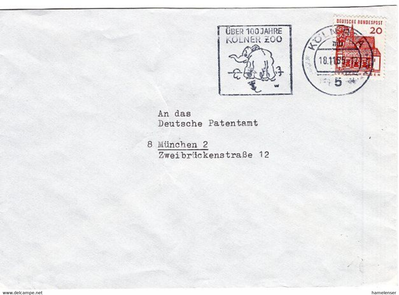 50558 - Bund - 1965 - 20Pfg. Kl.Bauten EF A. Bf. KOELN - UEBER 100 JAHRE KOELNER ZOO -> Muenchen - Elephants