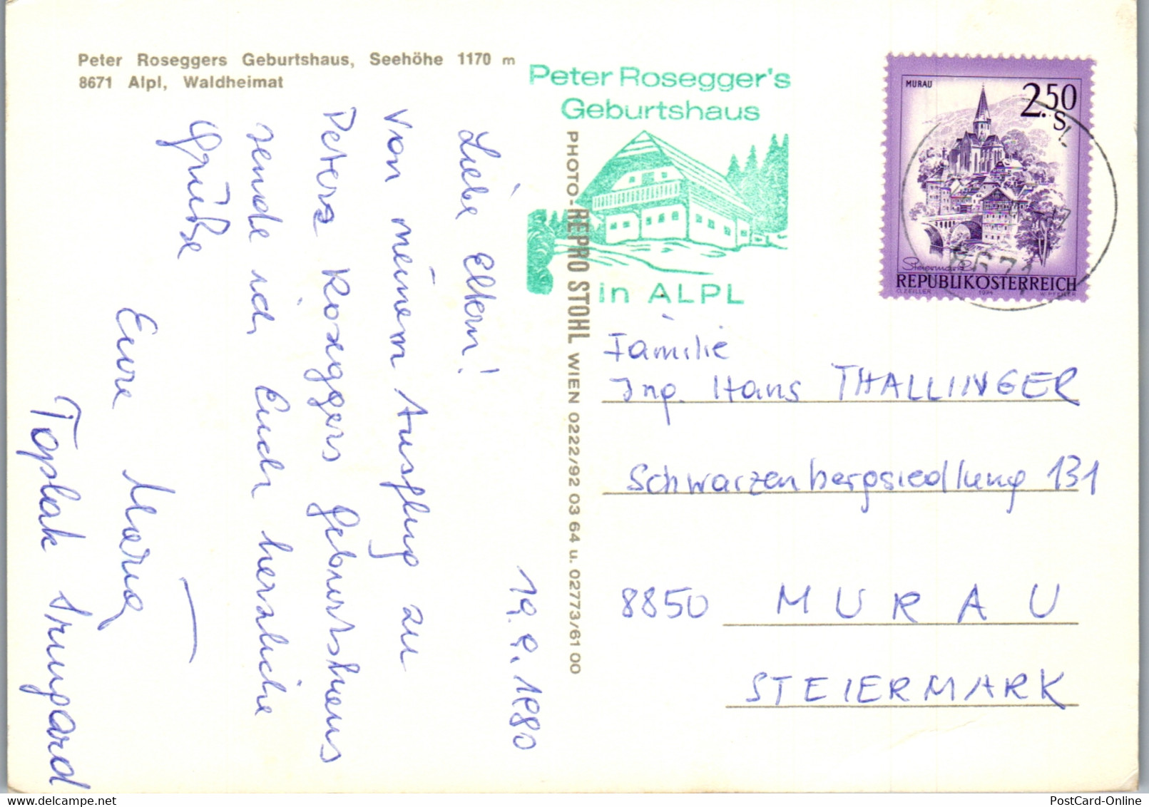 23622 - Steiermark - Krieglach , Alpl , Peter Rosegger 's Geburtshaus - Gelaufen 1980 - Krieglach