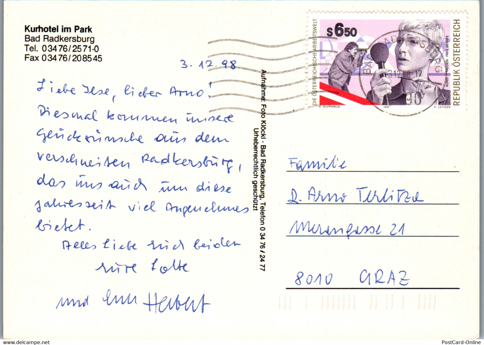 23733 - Steiermark - Bad Radkersburg , Kurhotel Im Park - Gelaufen 1998 - Bad Radkersburg
