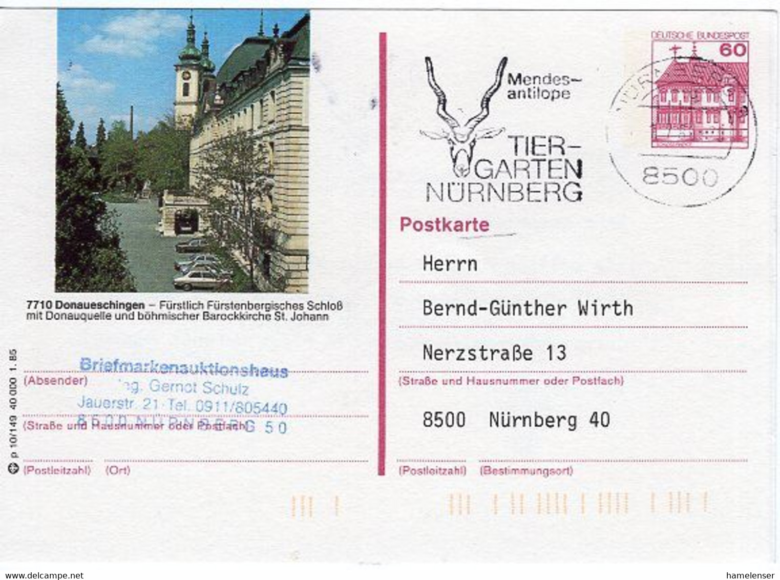 50571 - Bund - 1986 - 60Pfg. B&S BildGAKte. "Donaueschingen" NUERNBERG - MENDES-ANTILOPE ... -> Nuernberg - Autres & Non Classés