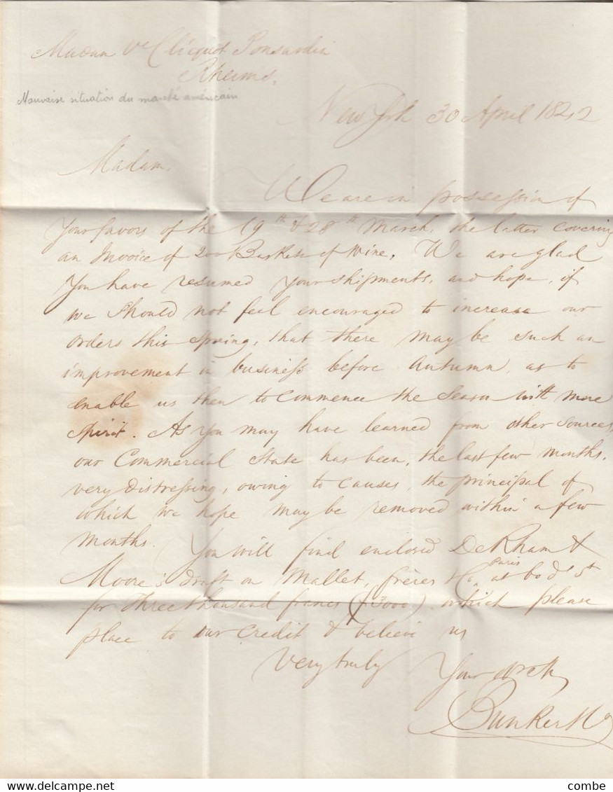 LETTRE. ETATS-UNIS. 30 AVRIL 1842. NEW-YORK. BUNKERS POUR Me CLIQUOT RHEIMS. HARDEN EXPRESS. VIA BOSTON STEAMER 1 MAY - …-1845 Prephilately