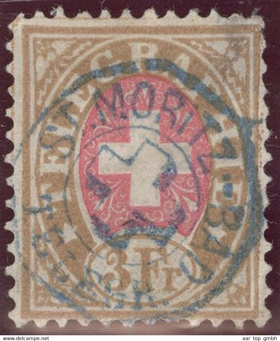 Heimat GR ST. MORITZ-BAD ~1885 Blauer Telegraphen-Stempel Auf Zu#18 Telegraphen-Marke 3.- Fr. Stumpfe Zähne - Télégraphe