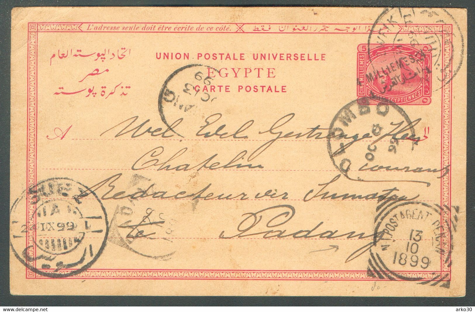 Postal Stationery  Del Rue PYRAMIDS 5 M. Ovprt 4 Milliemes Canc. PORT TEWFIK 24-IX-1899 + Cds SUEZ To PADANG (Ned; INDIE - 1866-1914 Khédivat D'Égypte