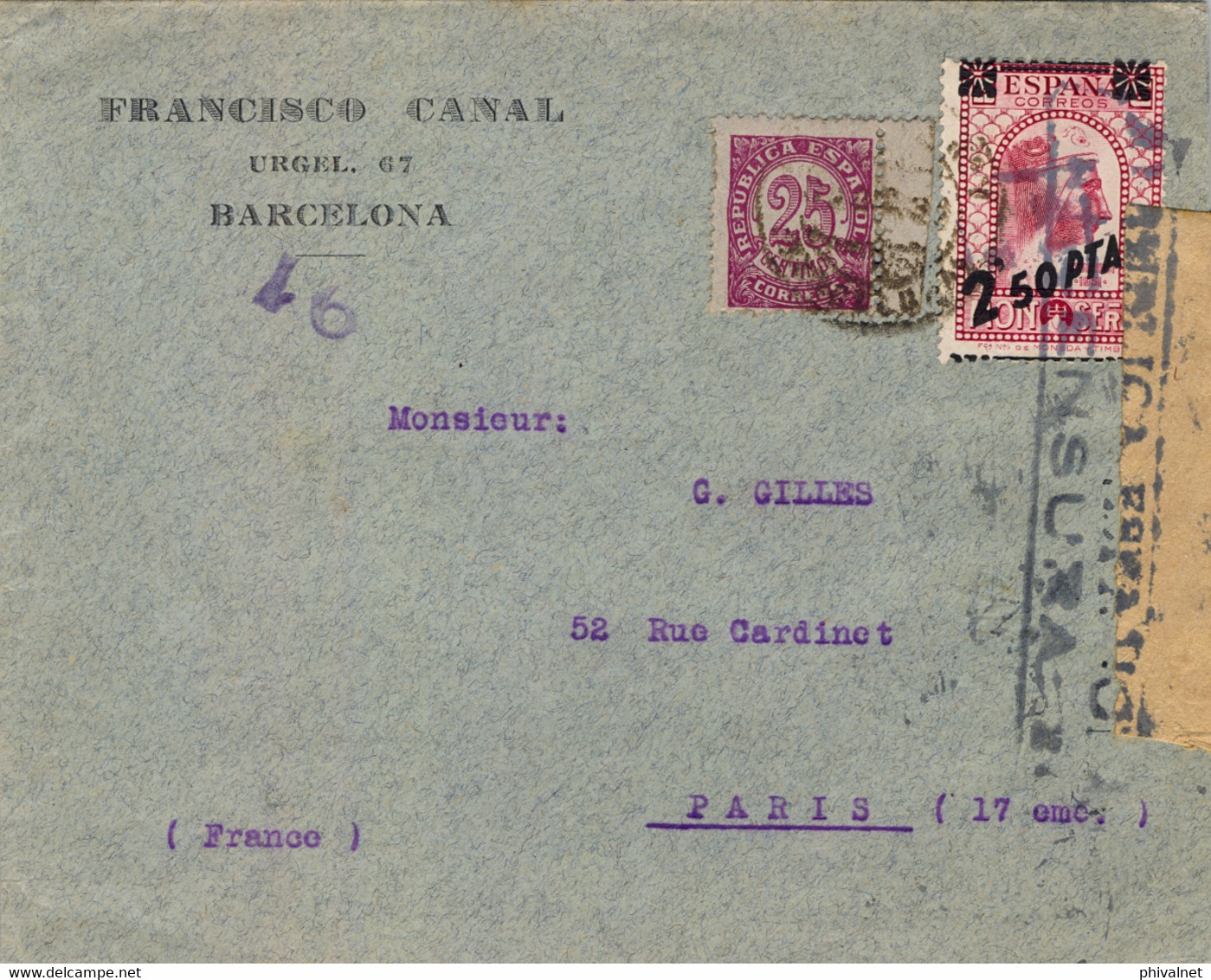 1938 , BARCELONA - PARIS , SOBRE CIRCULADO , BANDA DE CIERRE DE CENSURA , LLEGADA AL DORSO , ED. 749 , 791 - Covers & Documents
