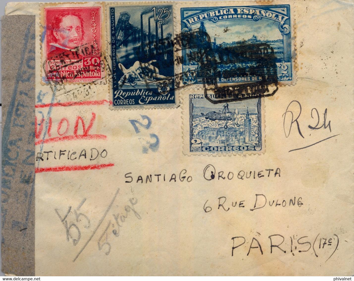 1938 , BARCELONA - PARIS , SOBRE CERTIFICADO POR AVIÓN . BANDA DE CENSURA , ED. 726 , 757 , 769 , 774 - Lettres & Documents