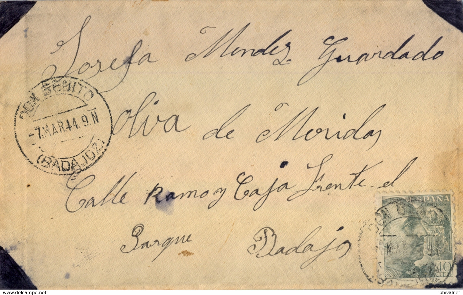 1944 , BADAJOZ , SOBRE CIRCULADO ENTRE DON BENITO Y OLIVA DE MÉRIDA - Lettres & Documents