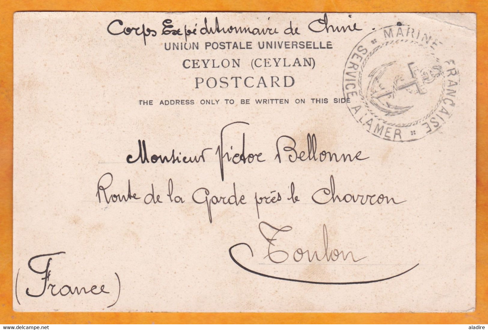 1903 - CP En FM De Ceylan (Corps Expéditionnaire De Chine) Vers Toulon - Marine Nationale - Service à La Mer - Covers & Documents