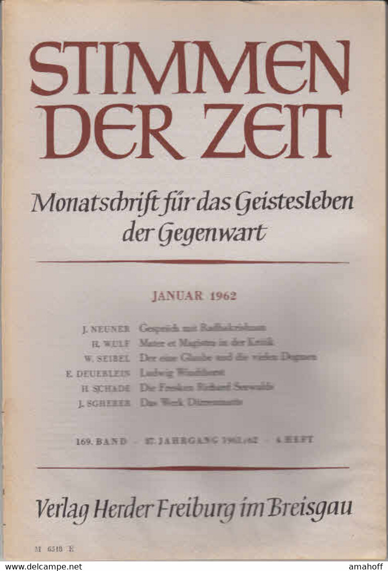 Stimmen Der Zeit. 87. Jahrgang,Januar 1962. Monatsschrift Für Das Geistesleben Der Gegenwart. - Sonstige & Ohne Zuordnung
