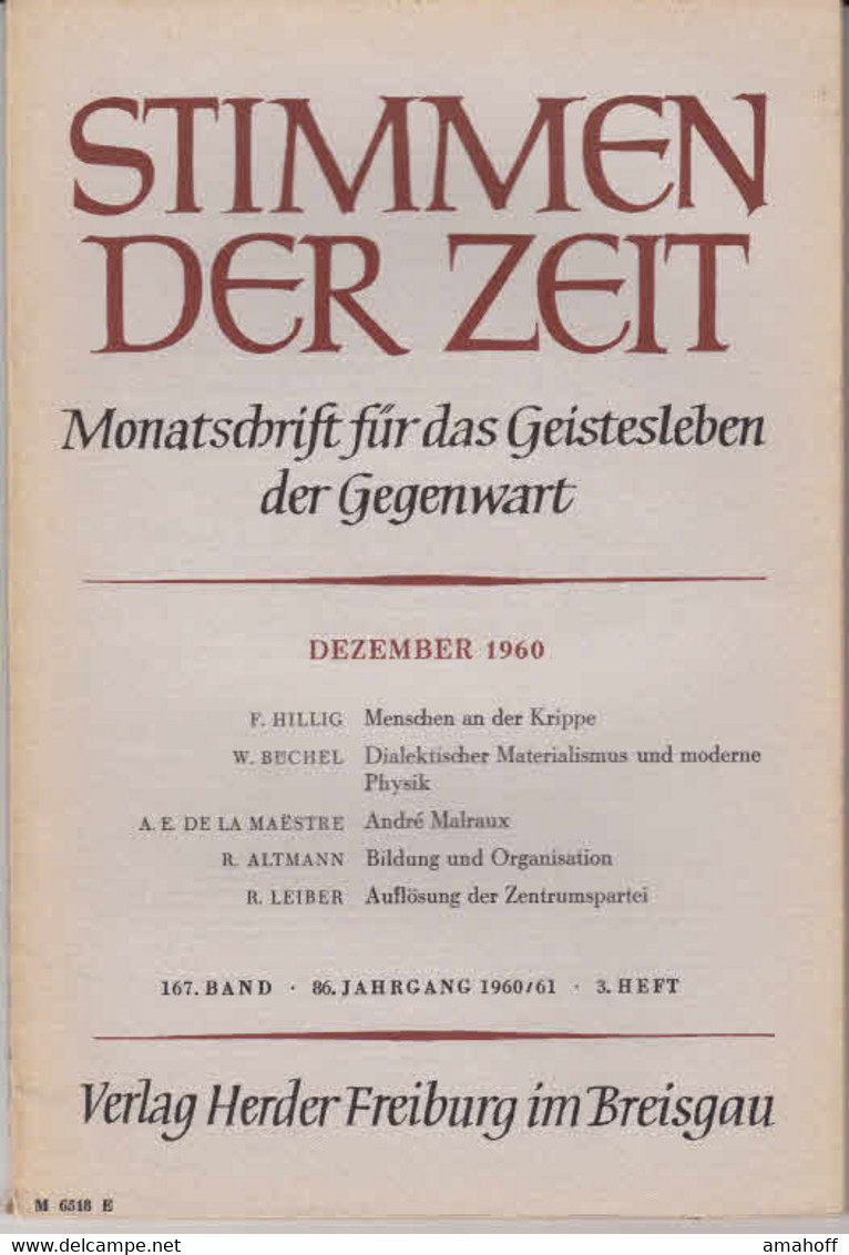 Stimmen Der Zeit. 86. Jahrgang, Dezember 1960. Monatsschrift Für Das Geistesleben Der Gegenwart. - Sonstige & Ohne Zuordnung