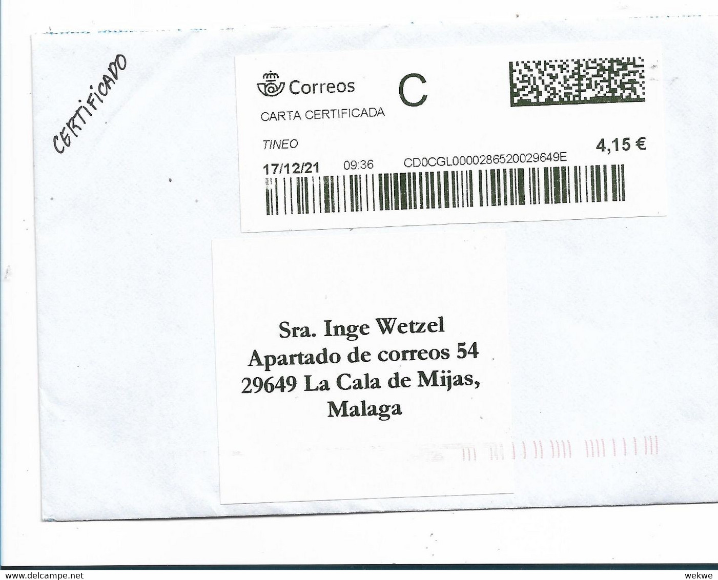 EP372 / SPANIEN - Einschreiben, Automatenfrankatur 2021 - Cartas & Documentos