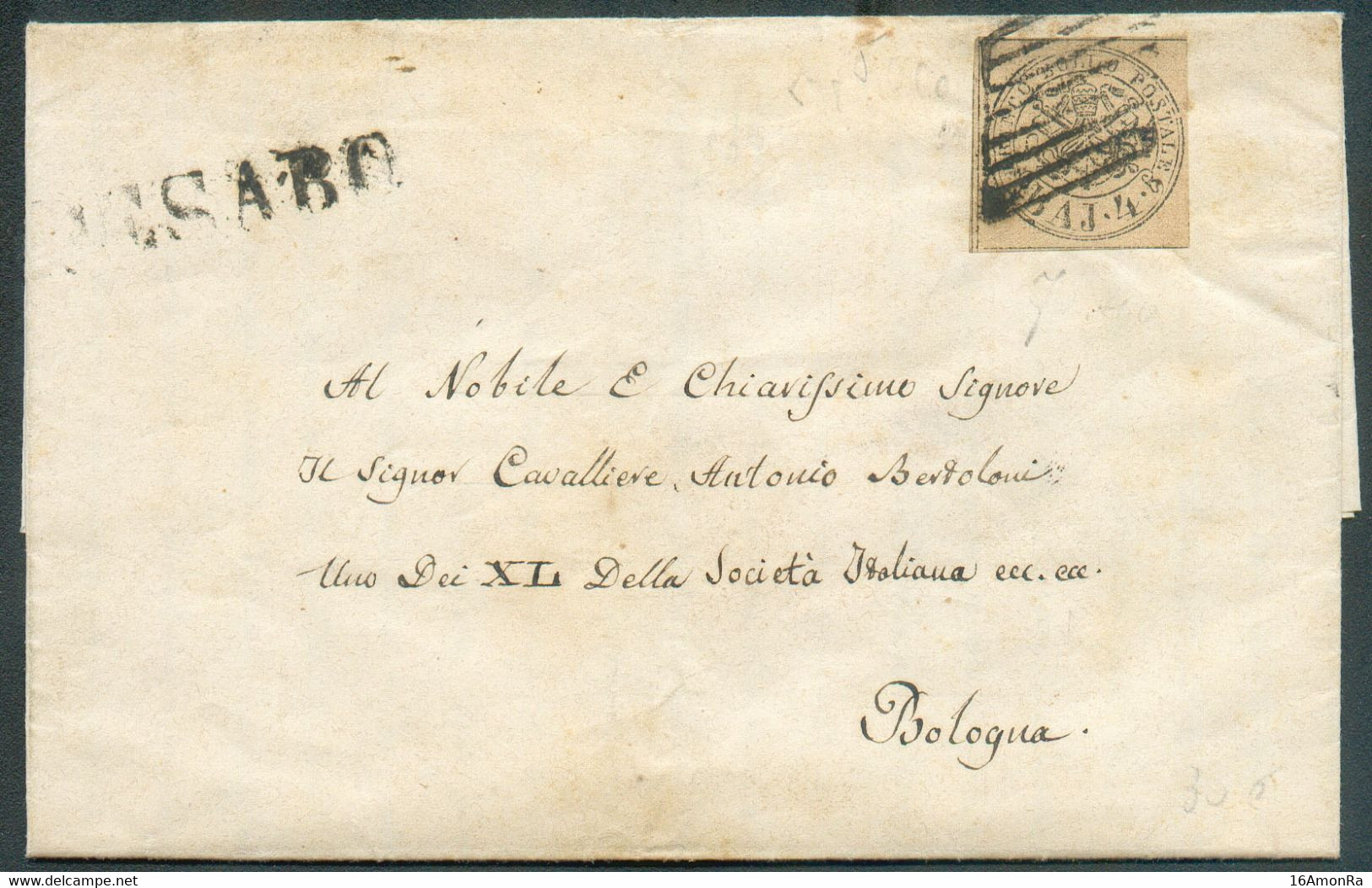 4 Baj. Chamois,, Obl. Grille Sur Lettre De PESARO  5 Janvier 1857 Vers Bologna  à Mr. Bertoloni, Membre De La Société It - Kirchenstaaten