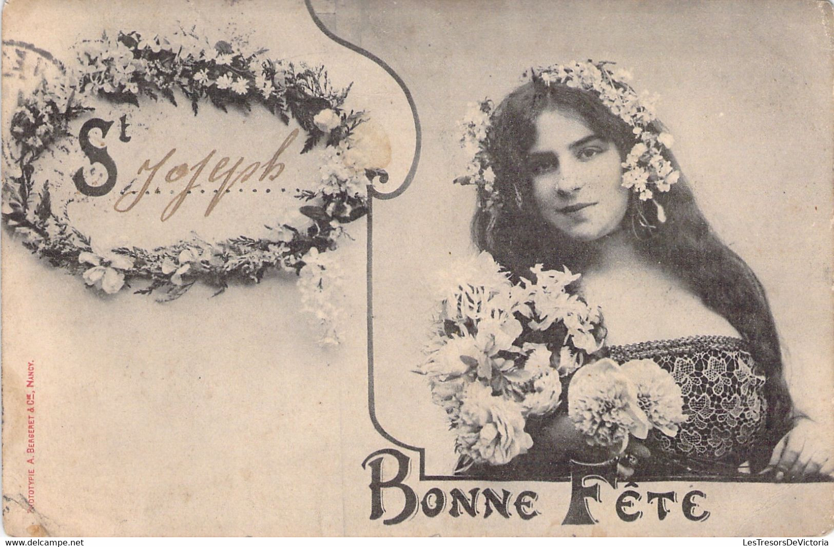 Bonne Fete - St Joseph - Prénom Joseph - Carte Avec Une Jeune Femme Et Un Bouquet De Fleurs - Voornamen