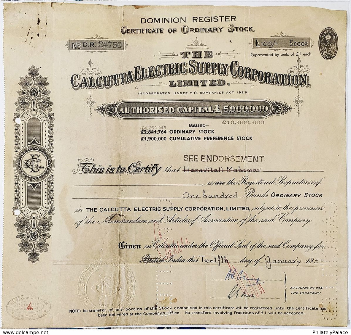 India 1929 Certificate Of Stock ₤10,000  - Calcutta Electric Supply Corporation Perforated Embossed  (**) Inde Indien - Electricidad & Gas