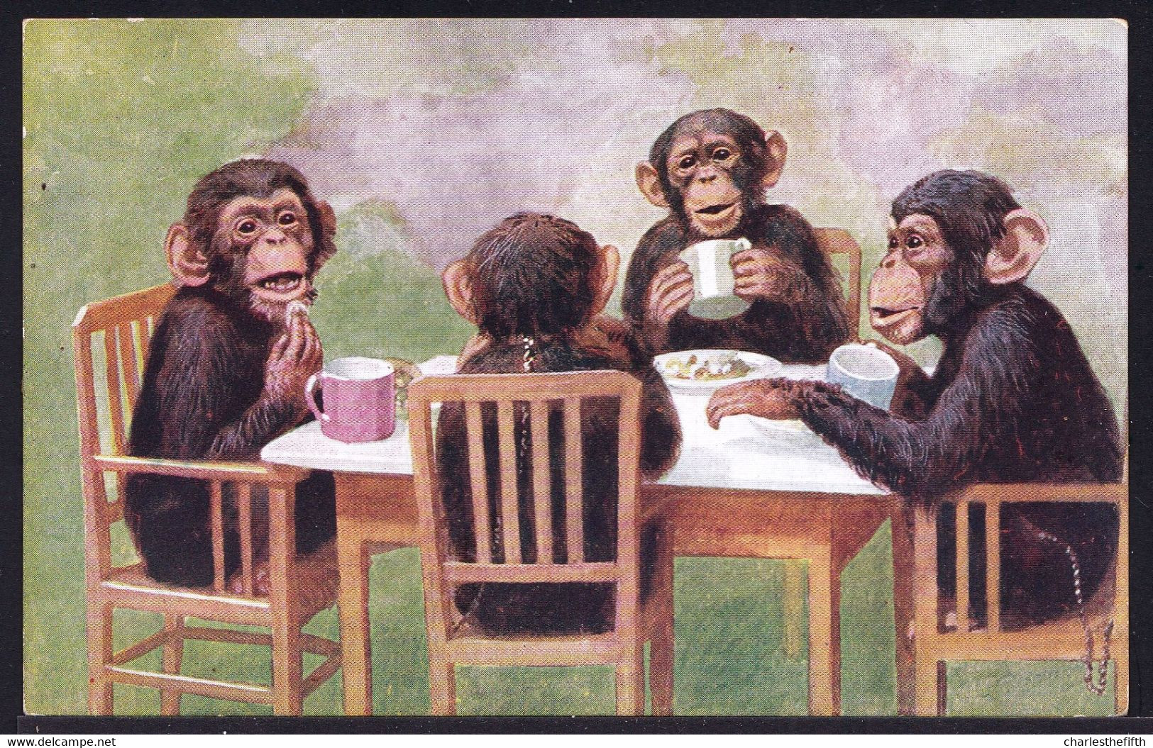 OLD CPA ** HUMANISED APES HAVING TEA - SINGES HUMANISES BUVANT DU THE ** Salmon Series 3737 - Scimmie