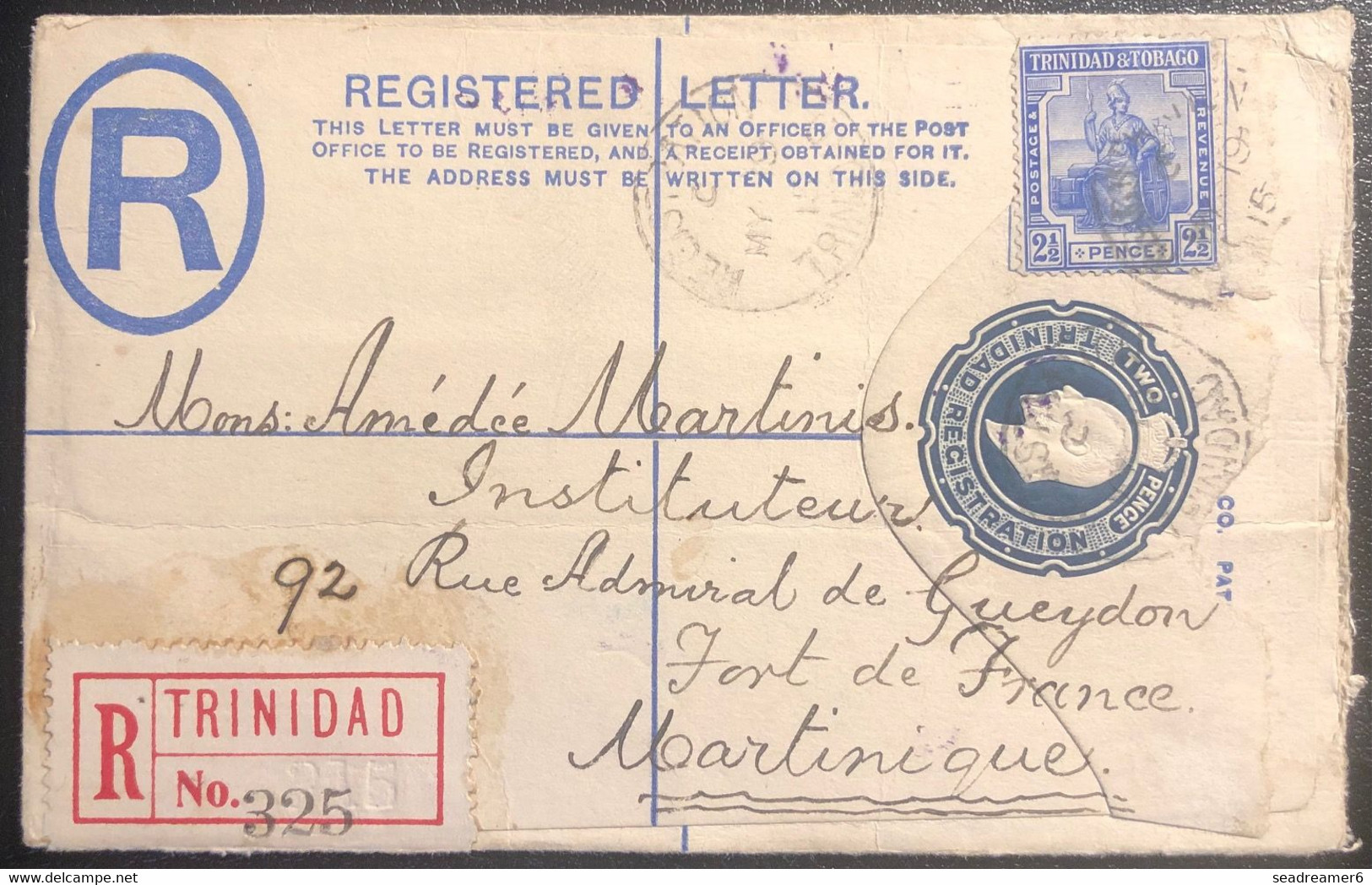 Trinidad & Tobago Entier Lettre Recommandé 2P Bleu + 2 1/2 Pence En Complément Pour Fort De France à La Martinique TTB - Trinité & Tobago (1962-...)