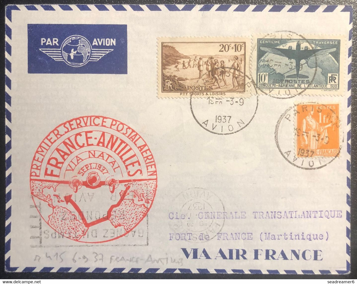 Martinique Lettre Premier 1er SERVICE POSTAL AERIEN FRANCE-ANTILLES Via Natal SEPTEMBRE 1937 Avec N °321 10fr Atlantique - Storia Postale