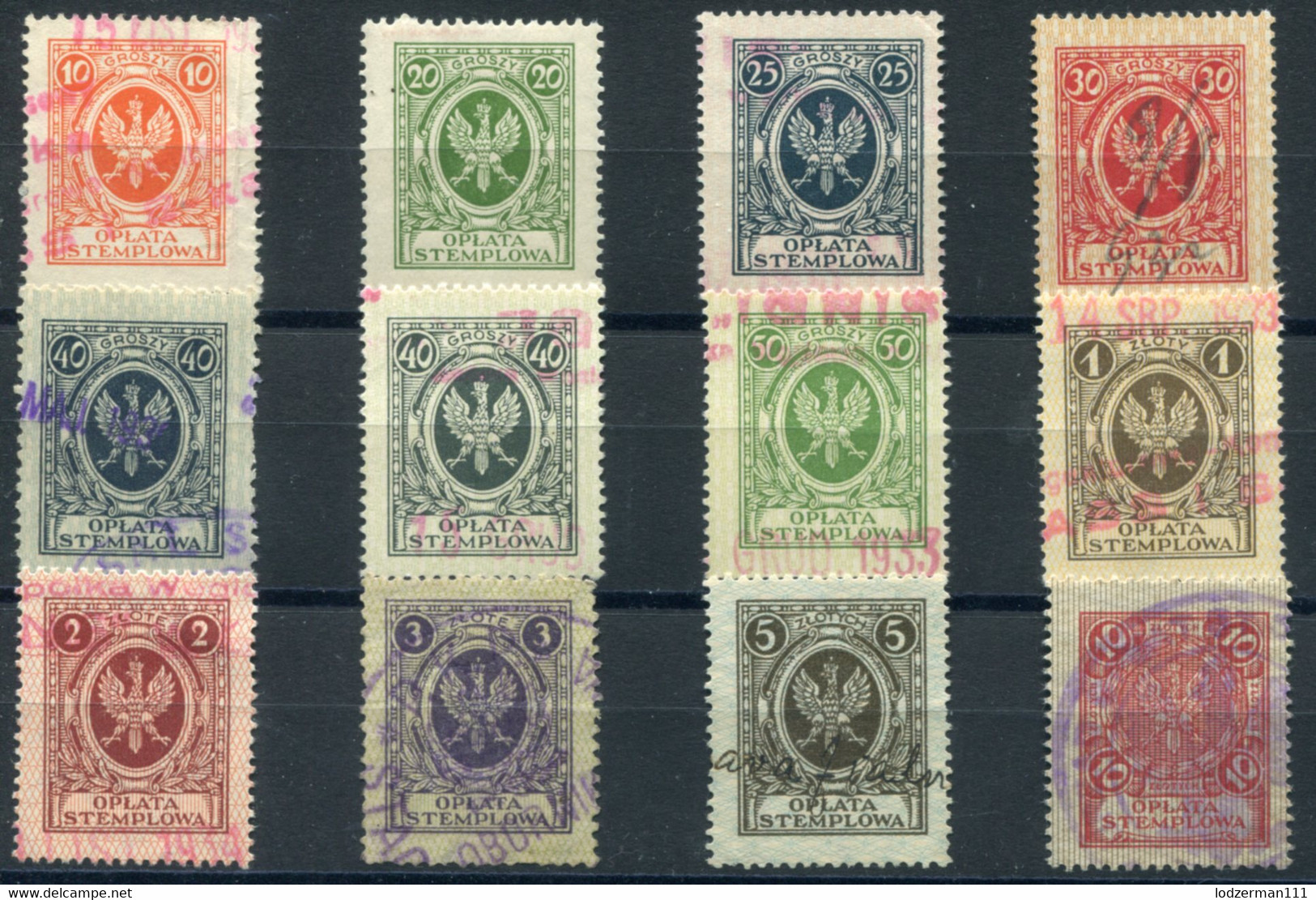 1927 General Zloty Issue #85-96 Compl. Set Used (1 MNH) All VF - Revenue Stamps