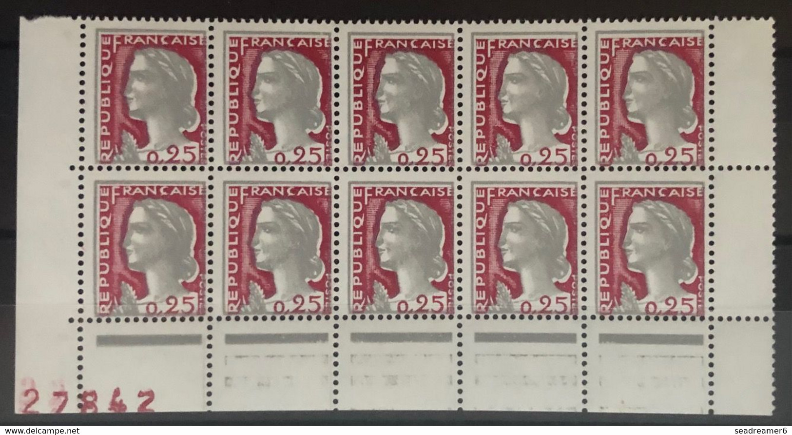 Marianne De Decaris N°1263** Bloc De 10 Bas De Feuille Avec Variété Impression Grise Décalée TTB - 1960 Maríanne De Decaris